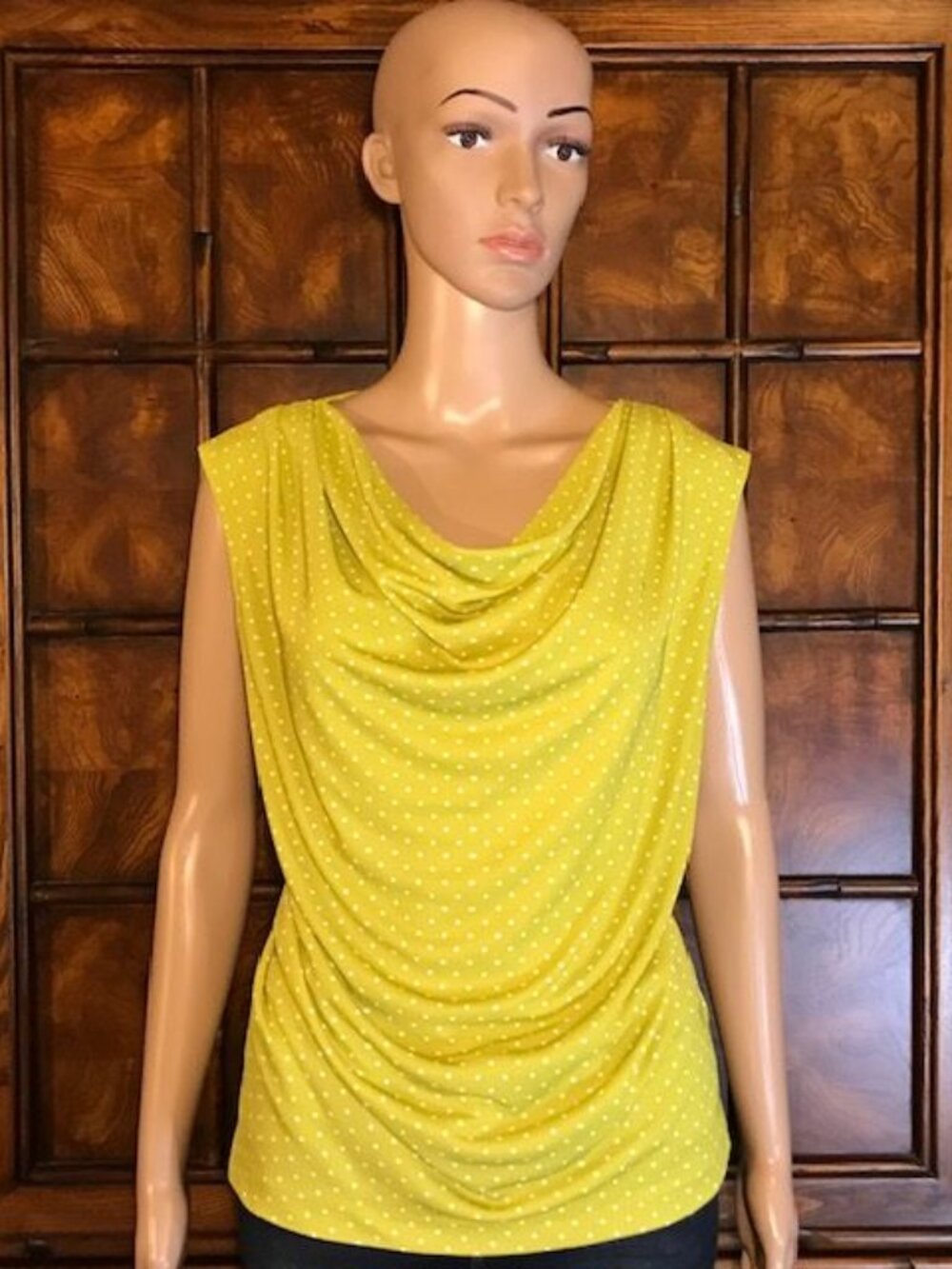 Jones New York Grecian Chartreuse White Polka Dot Drape Front Sleeveless Top